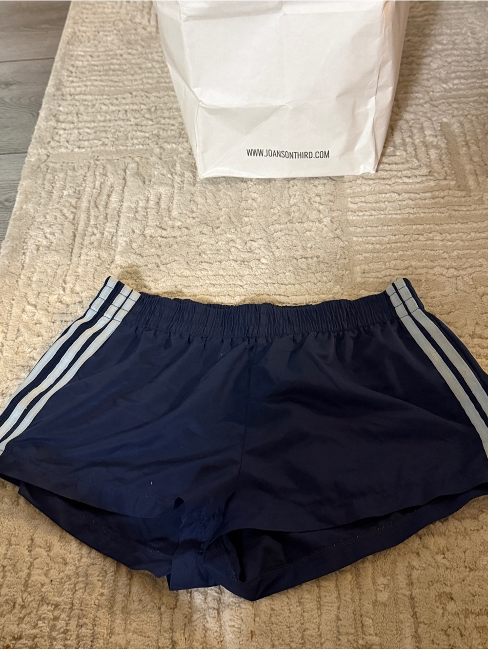 Edikted Navy Athletic Shorts with Light Blue Side Stripes